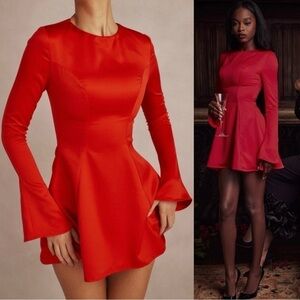 NEW! House of CB- Sacha Red Satin Mini Dress Long Flute Sleeve Round Neck Size S